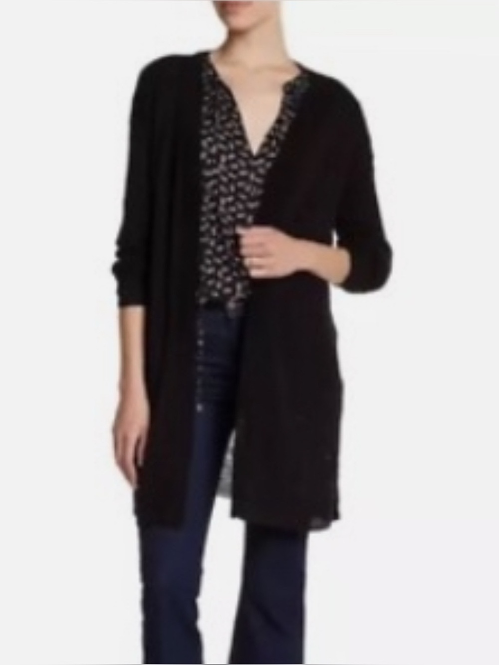 Susina Black Open-Front Cotton Blend Longline Cardigan Size-Medium Casual Luxe